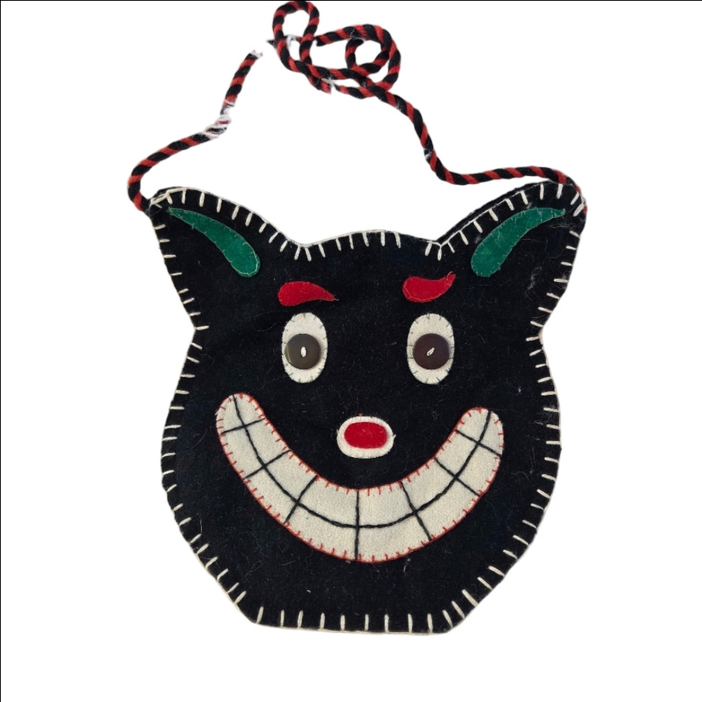 Handmade Vintage TAG Wool Smiling Black Cat Head Crossbody Bag Purse